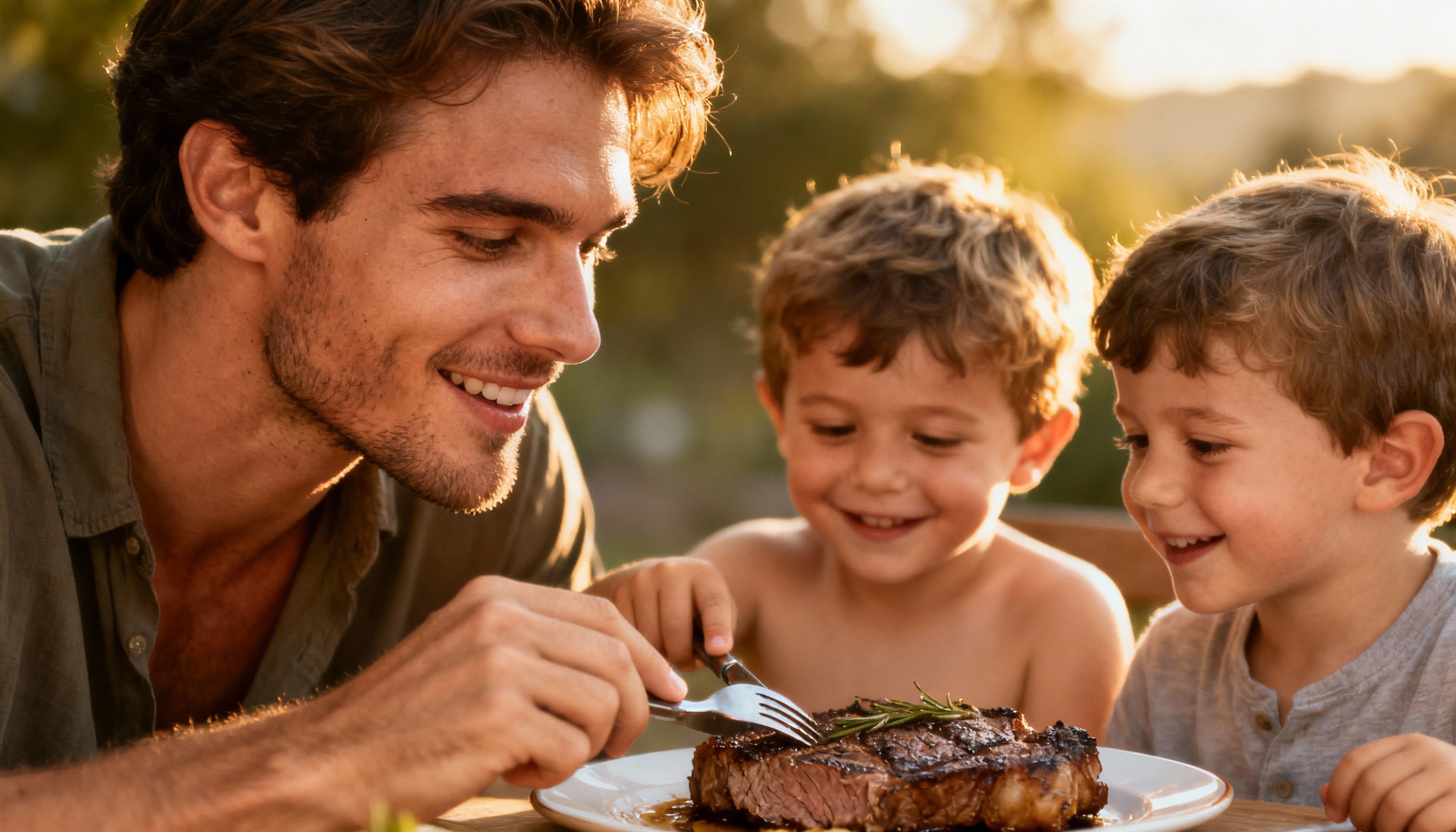 A father and his two toddler sons are about to chew on a steak. sort afternoon sun.