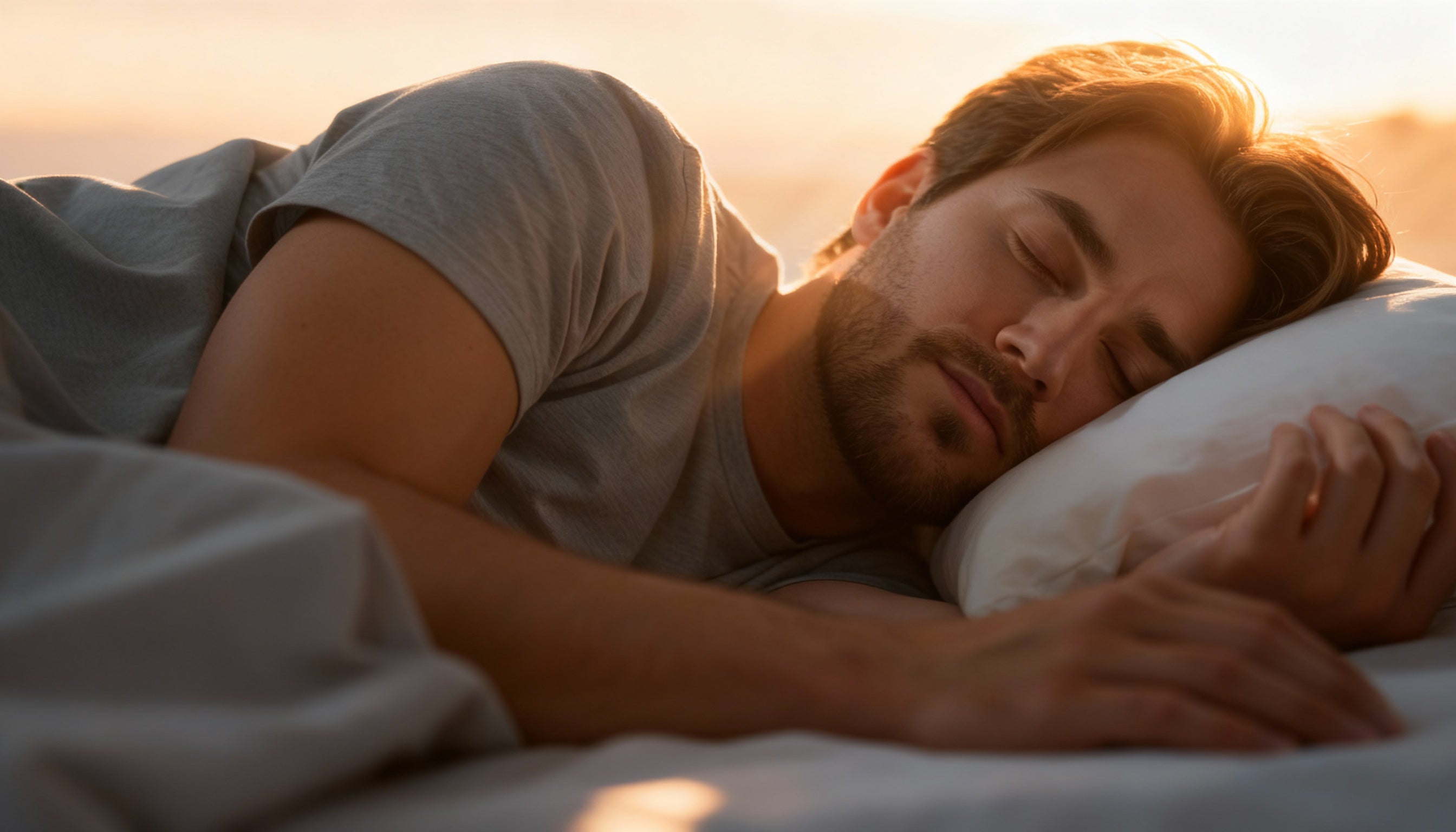 a handsome man sleeping without snoring, early sunrise light