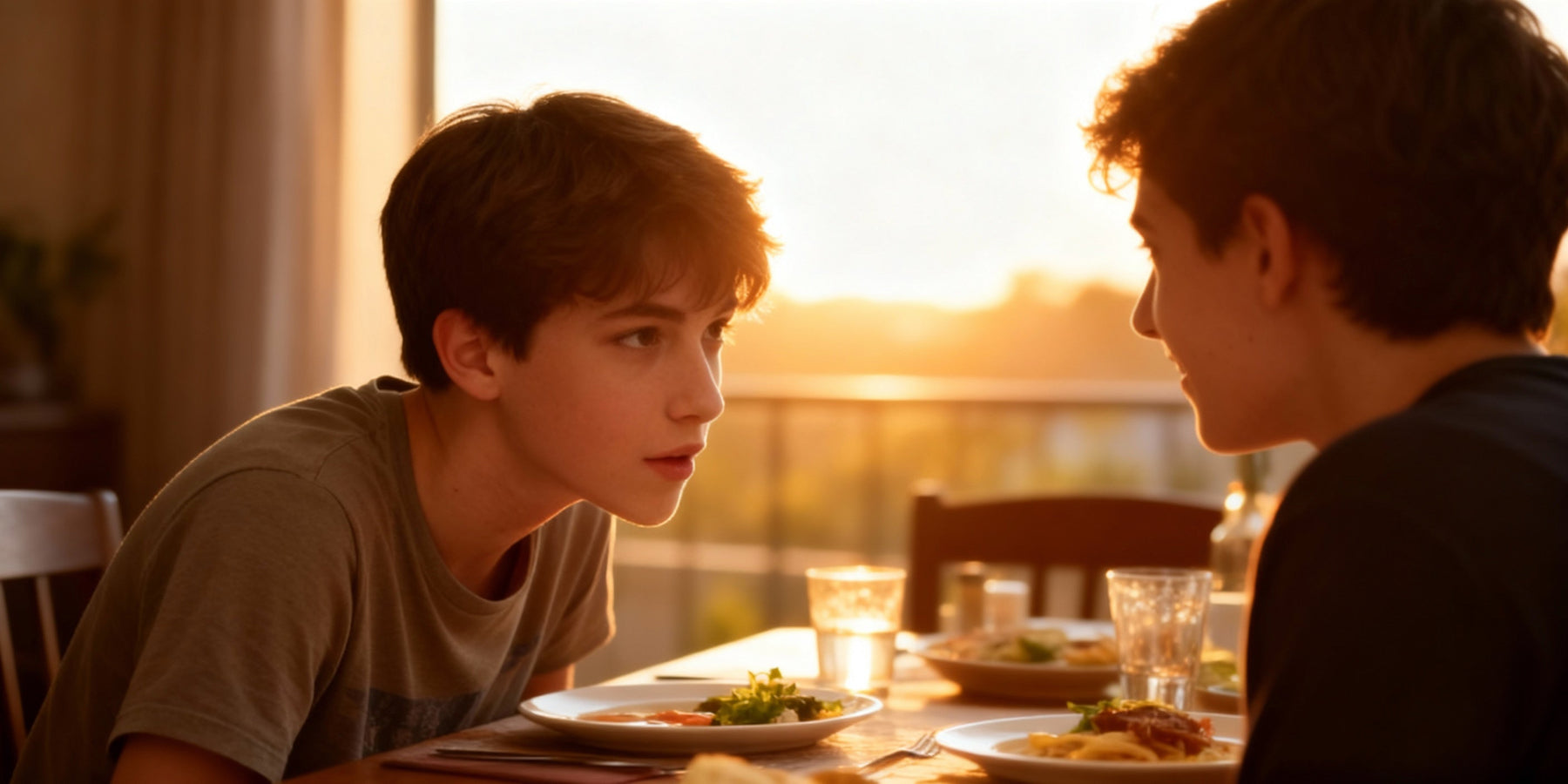 a boy talking to his friend with his head in a forward posture. they are sitting at a dinner table next to a window. The sun is setting.