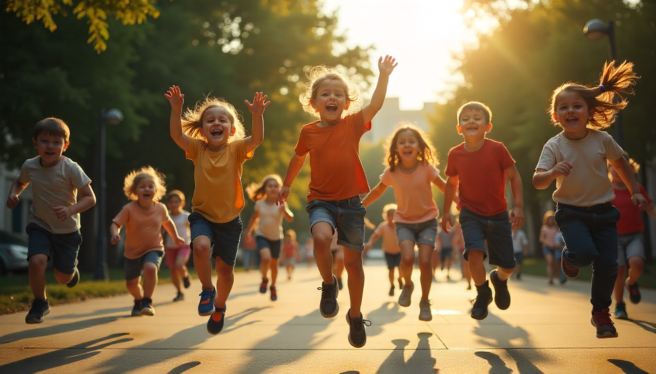 group of energetic young children happily running up towards the camera 