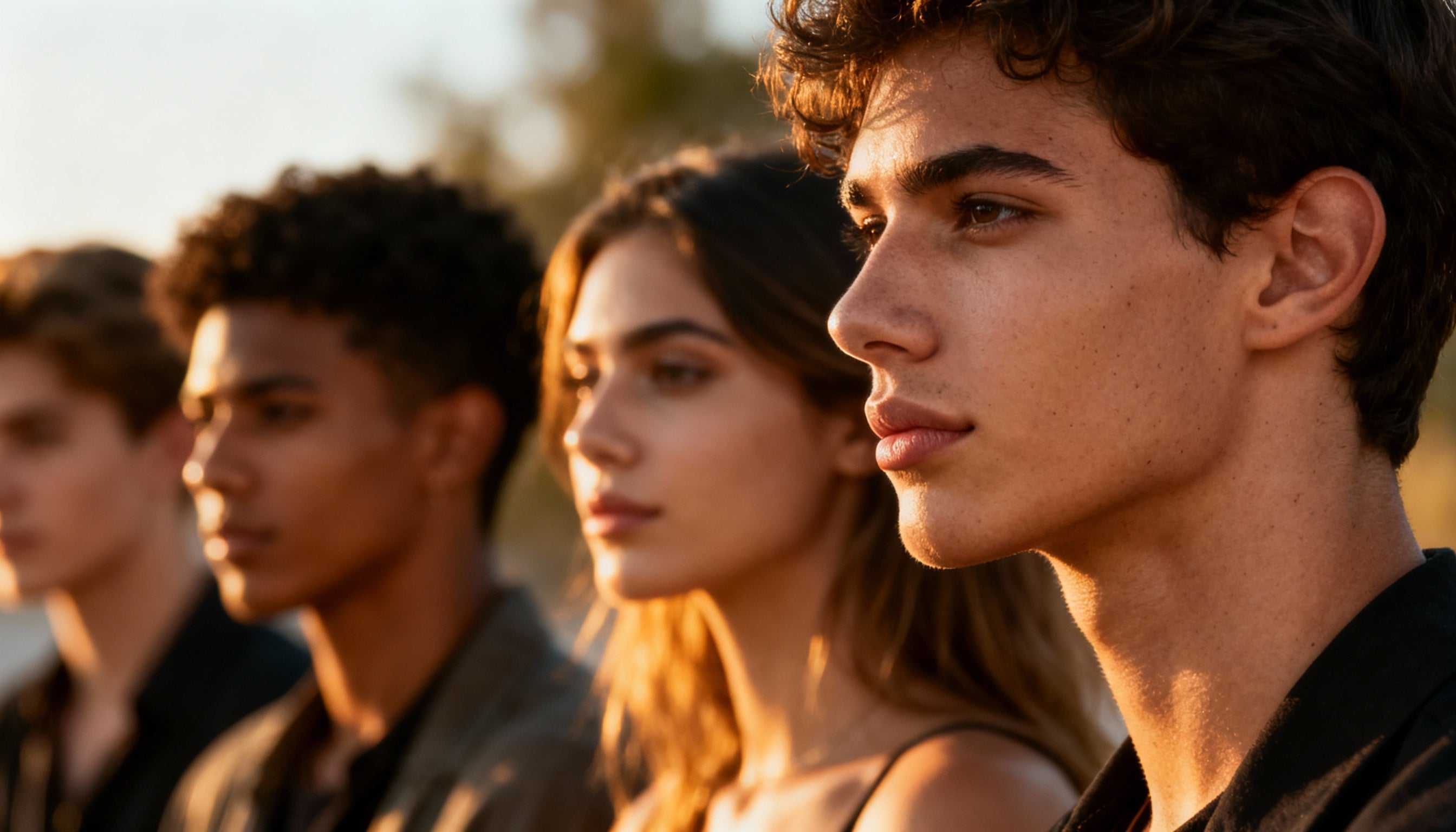 four people who breathe correctly and have nice facial features look at the horizon in the afternoon sun 