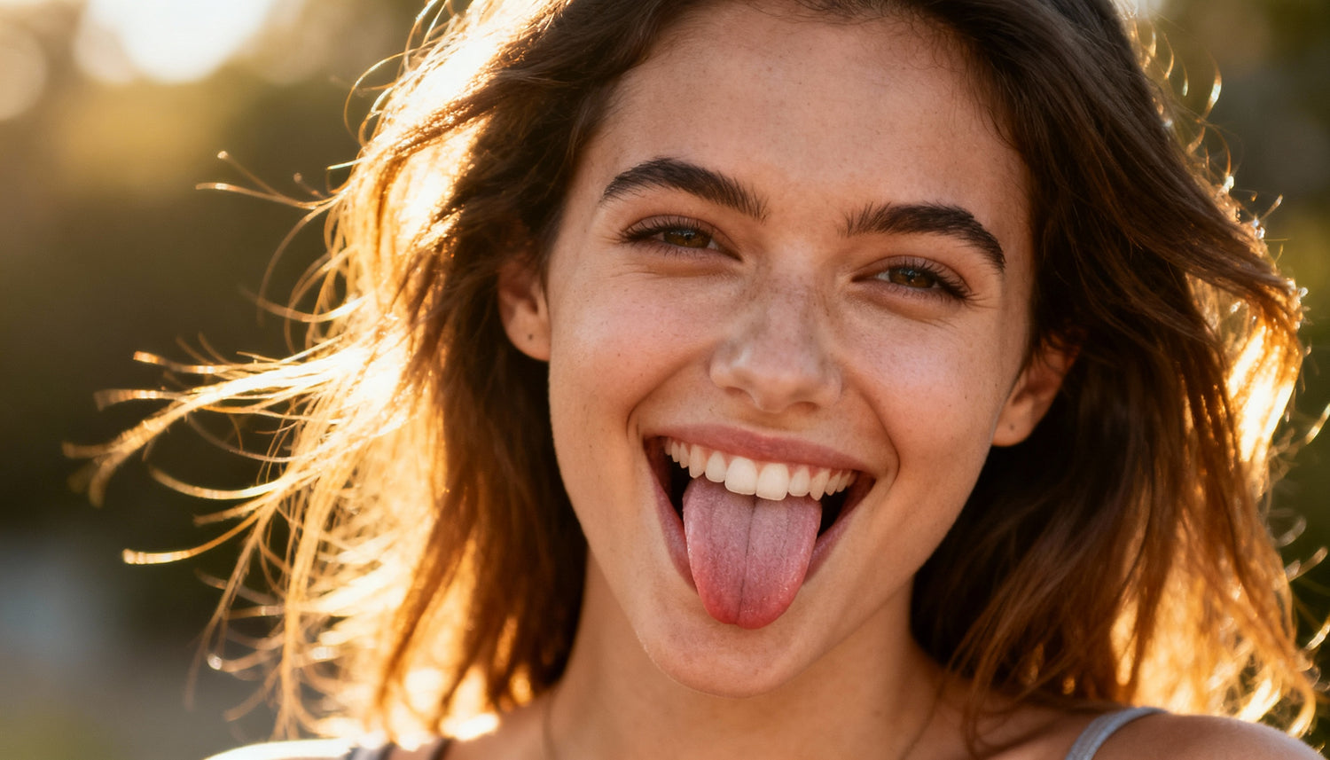 young woman outdoors looking at the camera sticking her tongue out, laughing. her hair moving is a gentle breeze is backlit by a warm afternoon sun. 