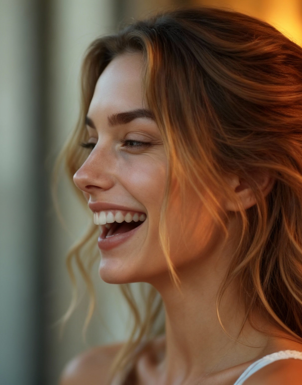 close up of a young woman with well developed cranofacial features - a 3D face. She is laughing