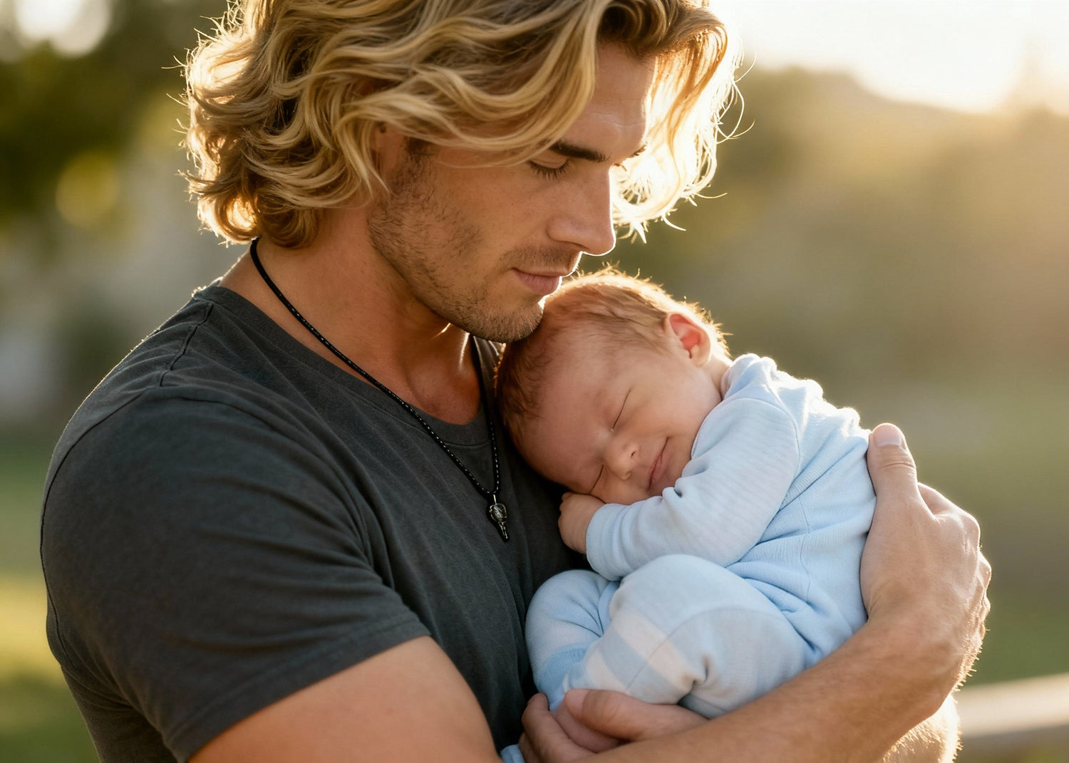 a handsome father holding  a newborn baby lit by setting sun