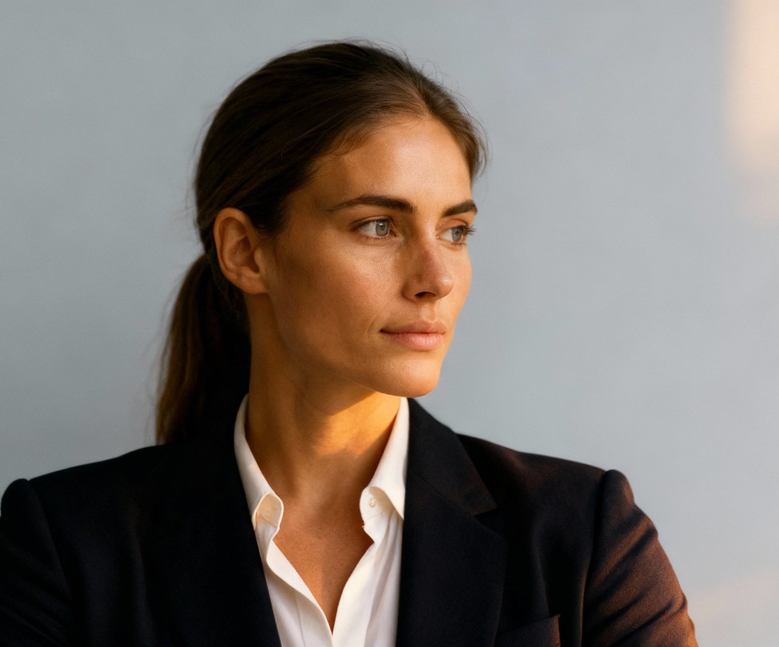 portrait of a composed thoughtful young woman with excellent cranio facial development (great features signalling nose breathing) looking at something to her side in warm afternoon sunlight 