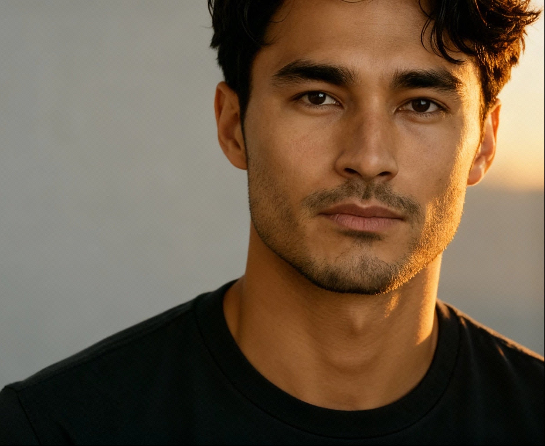 a man with excellent facial structure and symmetry looking calmly at the camera
