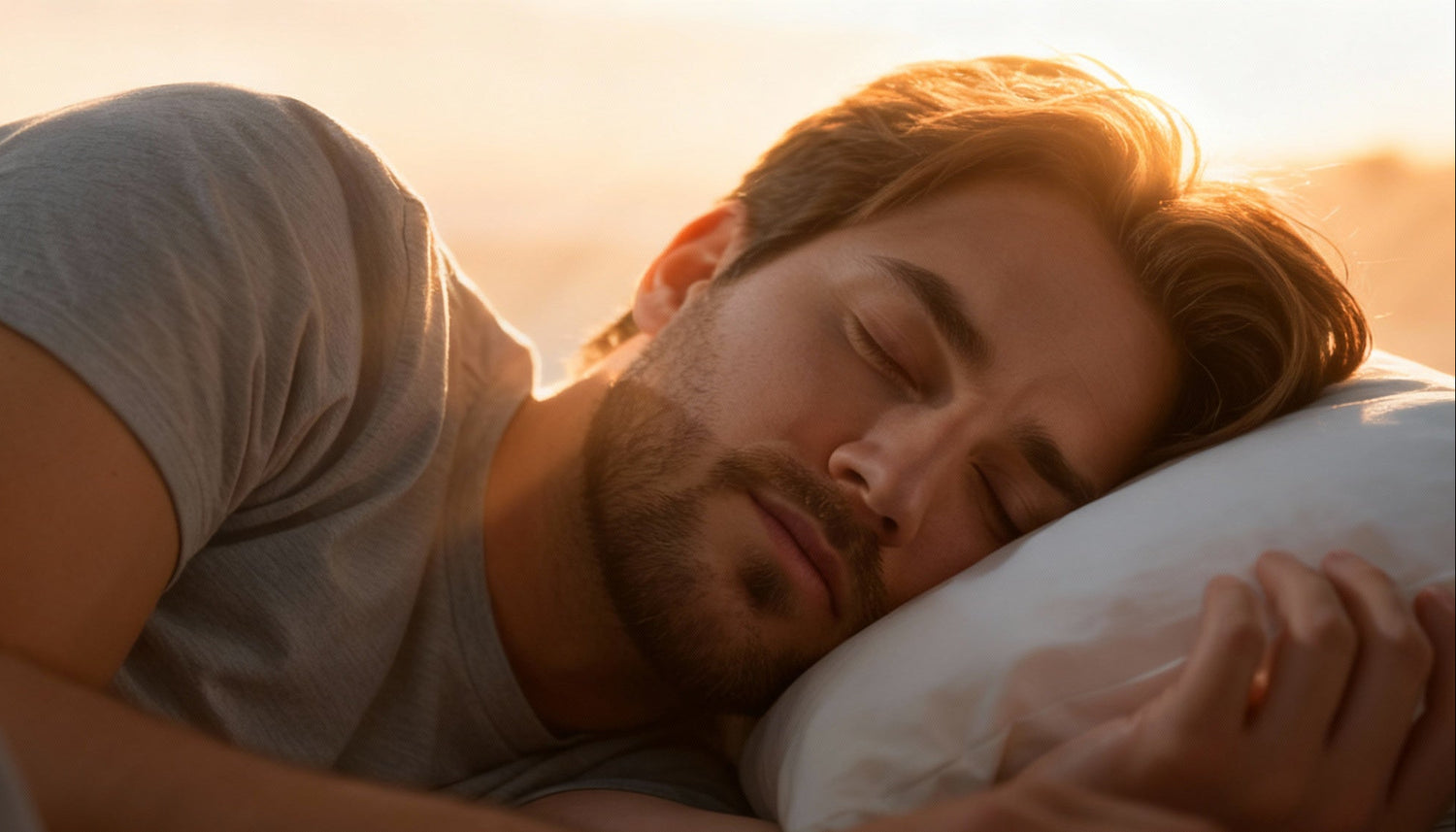 a man sleeping peacefully, nose breathing, early morning sunlight