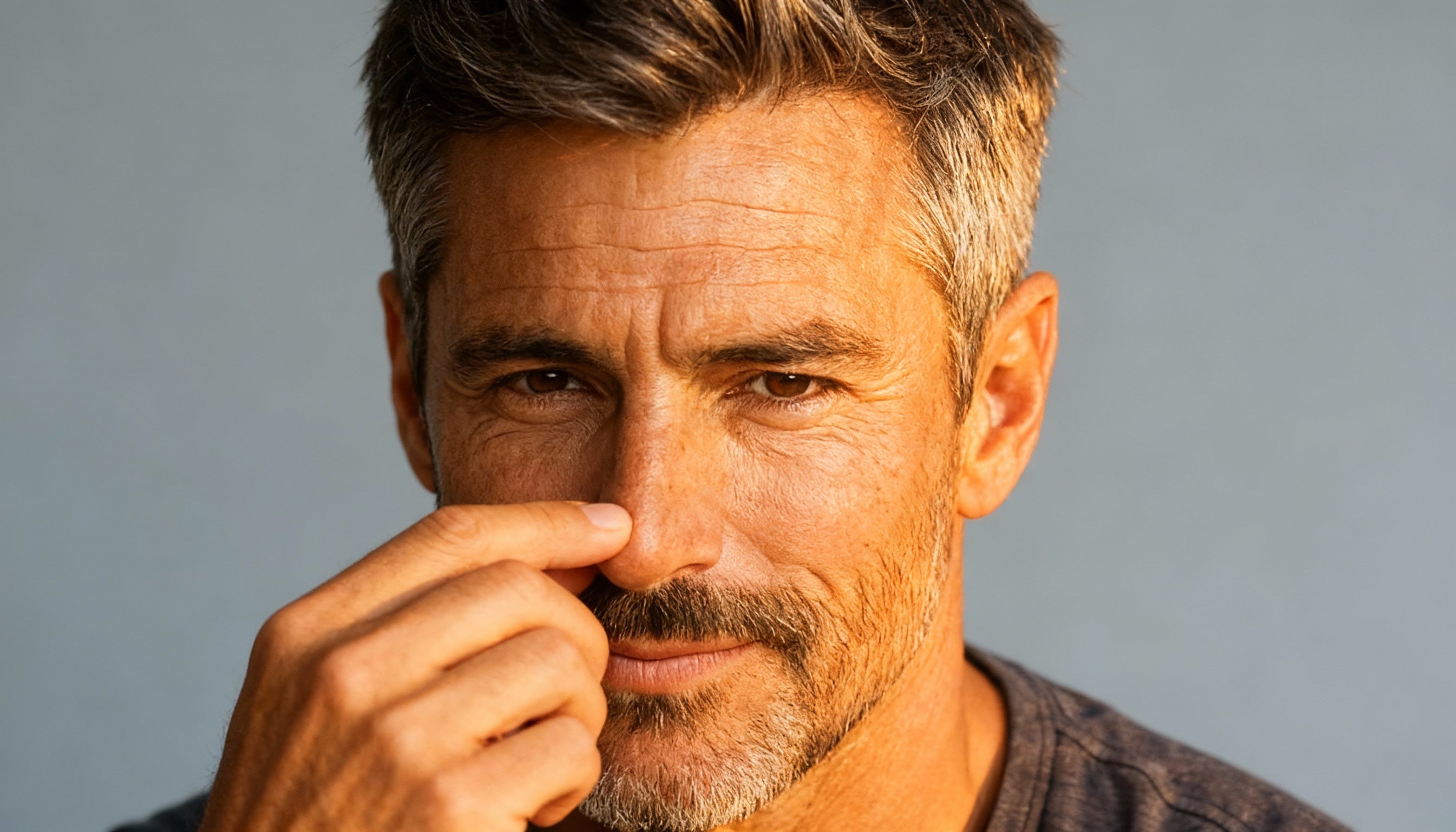 a mature man with excellent face bone structure smiling and pointing to his nose to convey he is nose breathing 